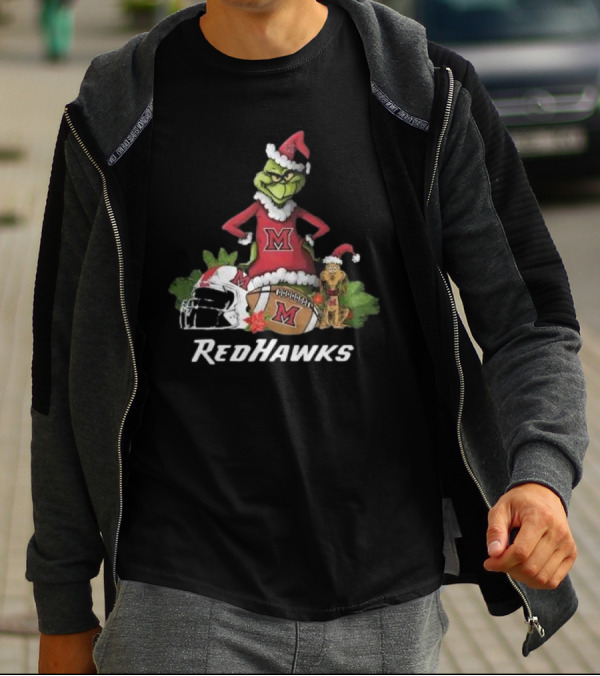 Grinch Santa And Dog With Miami RedHawks Rugby Helmet Merry Christmas T-Shirt