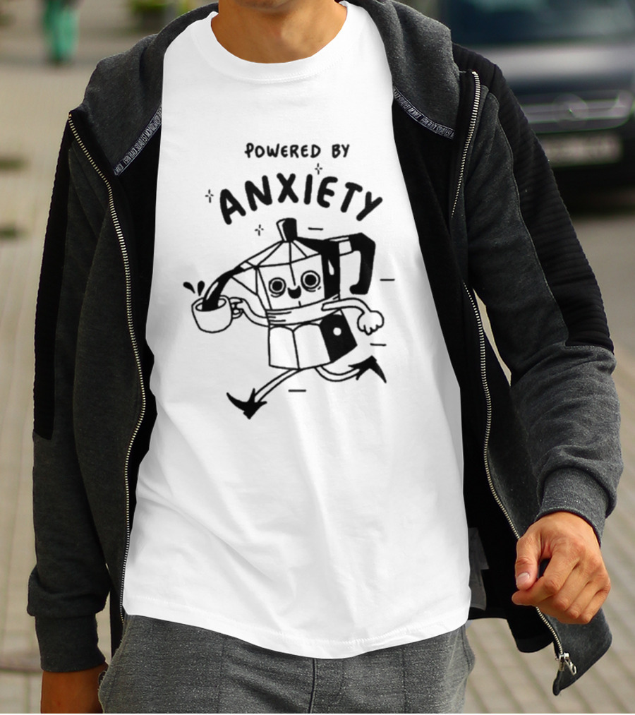 Powered By Anxiety Coffee Pot Running With A Smile And Cup T-Shirt