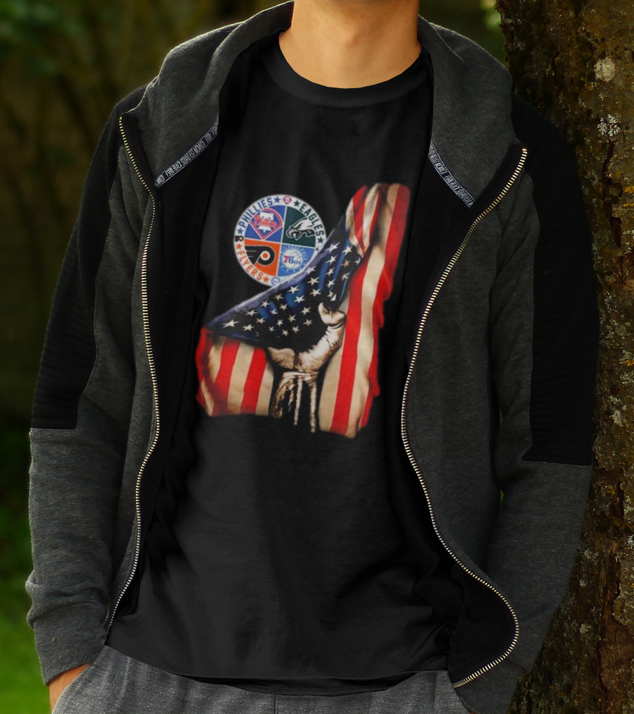 Philadelphia Phillies Eagles Flyers 76ers Hand Pulling American Flag T-Shirt