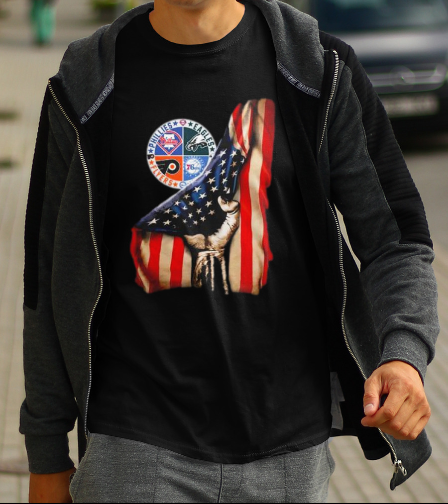 Philadelphia Phillies Eagles Flyers 76ers Hand Pulling American Flag T-Shirt