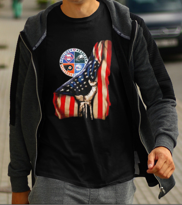 Philadelphia Phillies Eagles Flyers 76ers Hand Pulling American Flag T-Shirt