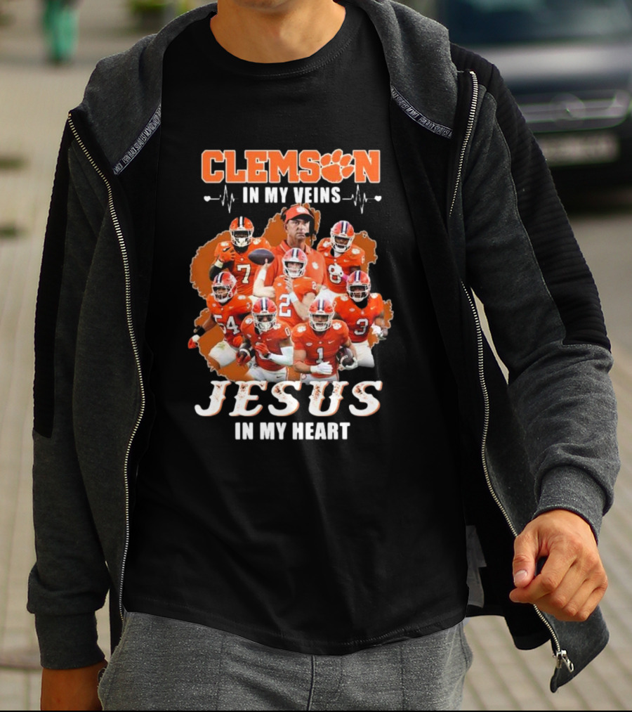 Clemson In My Veins Jesus In My Heart Football Team Collage T-Shirt