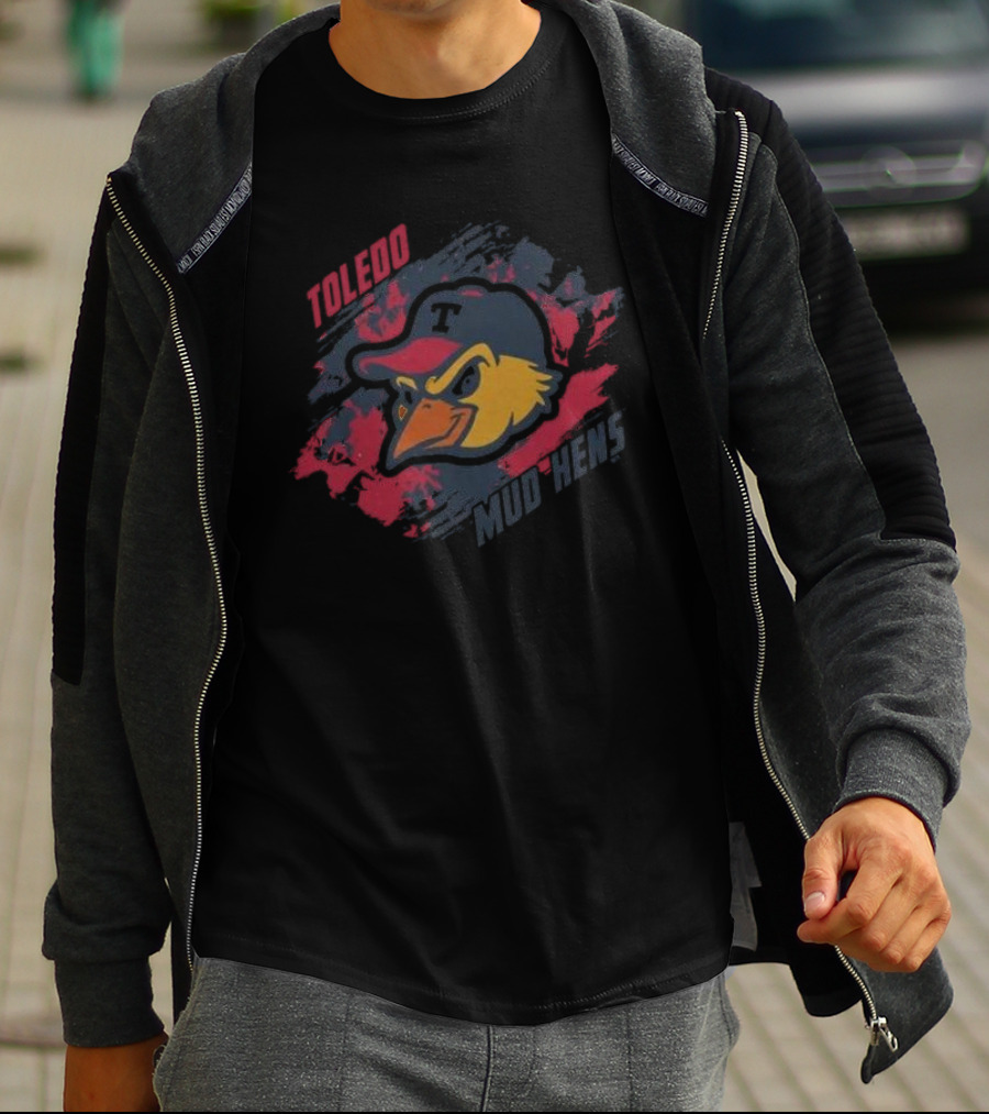 Toledo Mud Hens Baseball Team Logo With Bold Red And Blue Brushstroke Background T-Shirt