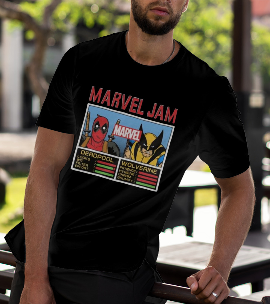 Deadpool Wolverine Marvel Jam Comic Character Stats T-Shirt