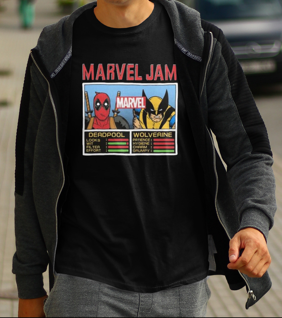 Deadpool Wolverine Marvel Jam Comic Character Stats T-Shirt