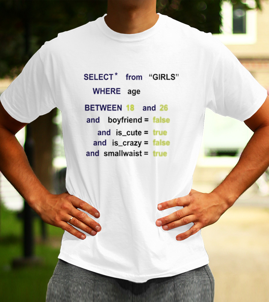 Funny SQL Query Select From GIRLS Where Age Between 18 And 26 Boyfriend False Is Cute True Is Crazy False Smallwaist True T-Shirt
