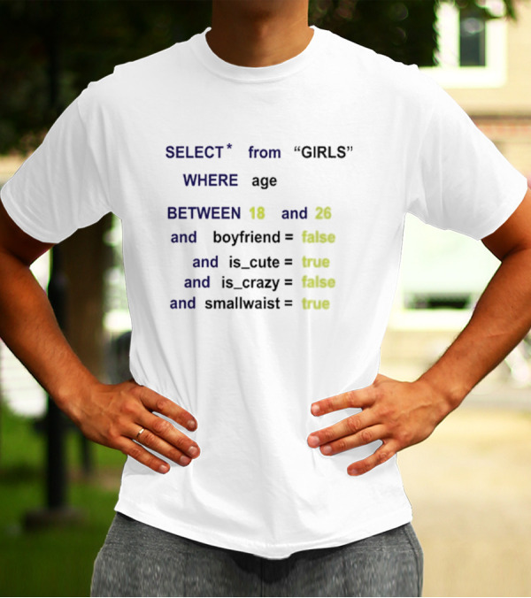 Funny SQL Query Select From GIRLS Where Age Between 18 And 26 Boyfriend False Is Cute True Is Crazy False Smallwaist True T-Shirt