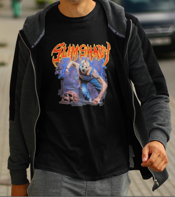 Slim Shady Jason Mask Horror Concept With Storm And Skull T-Shirt