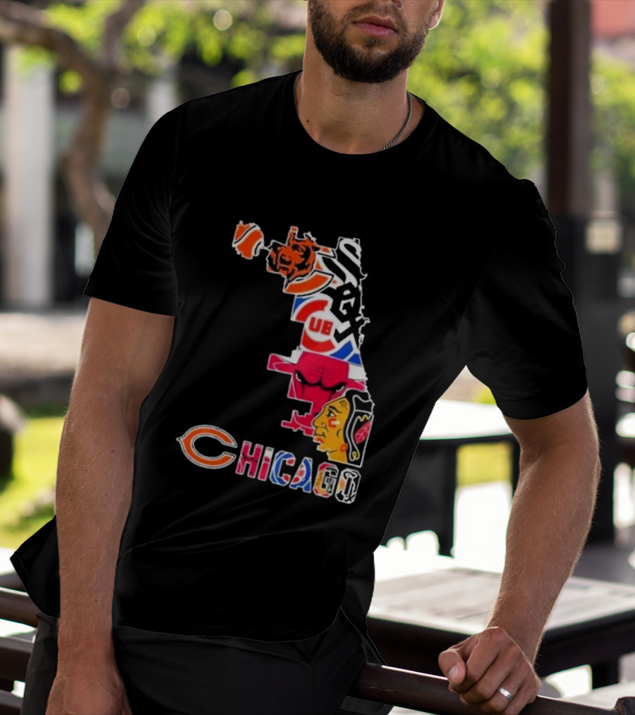 Chicago Bears Bulls Cubs White Sox Blackhawks Map T-Shirt
