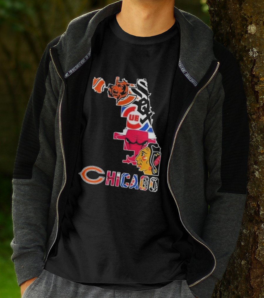 Chicago Bears Bulls Cubs White Sox Blackhawks Map T-Shirt