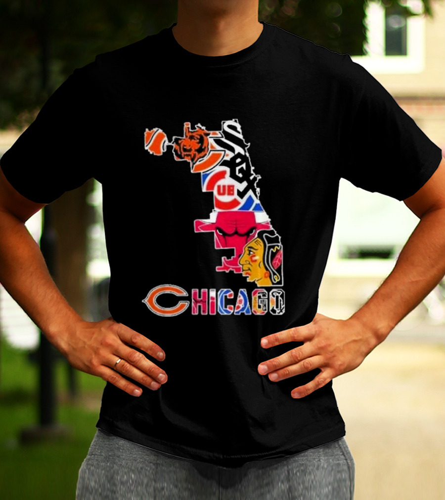 Chicago Bears Bulls Cubs White Sox Blackhawks Map T-Shirt