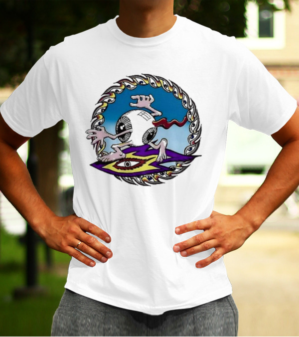 Spiral Eye Surfing Disc With Hands And Vibrant T-Shirt