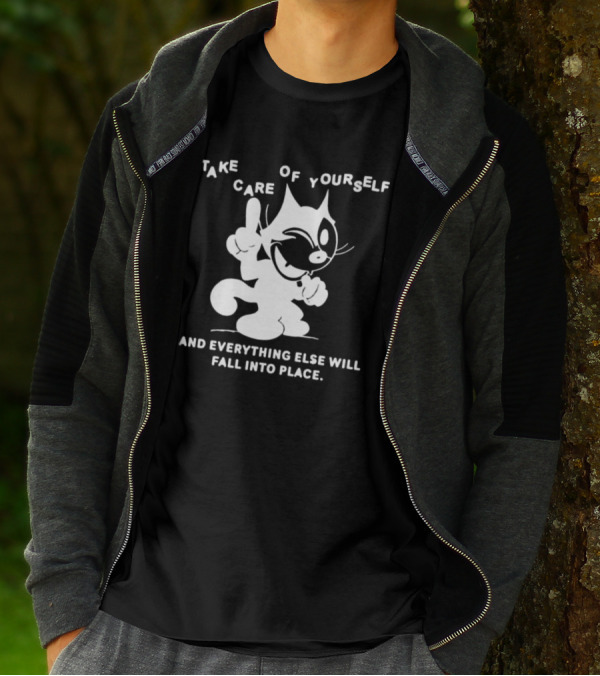 Take Care Of Yourself And Everything Else Will Fall Into Place Happy Winking Cartoon Cat T-Shirt