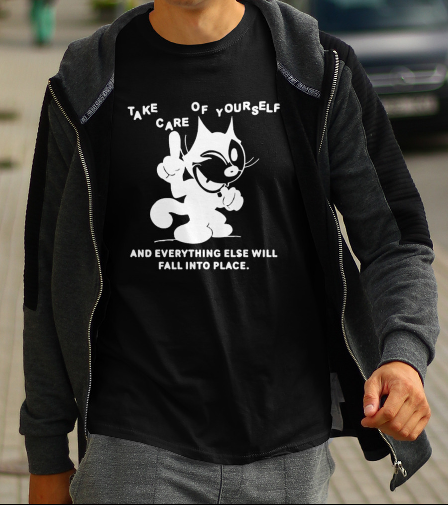 Take Care Of Yourself And Everything Else Will Fall Into Place Happy Winking Cartoon Cat T-Shirt