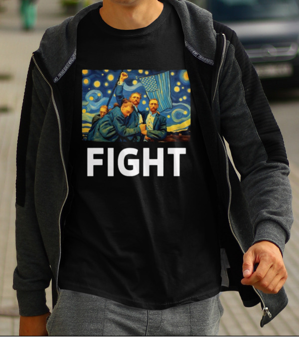 Fight Van Gogh Starry Night American Flag Fist Raised T-Shirt