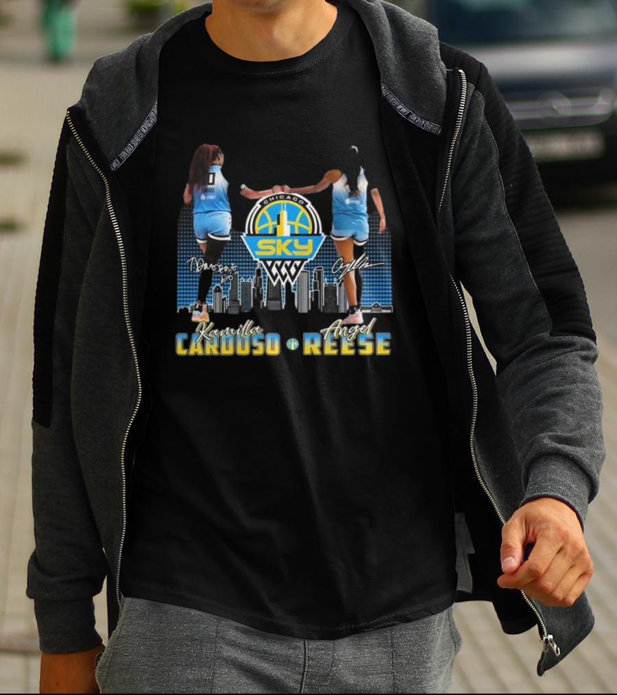 Chicago Sky WNBA Kamilla Cardoso Angel Reese Skyline Signatures T-Shirt