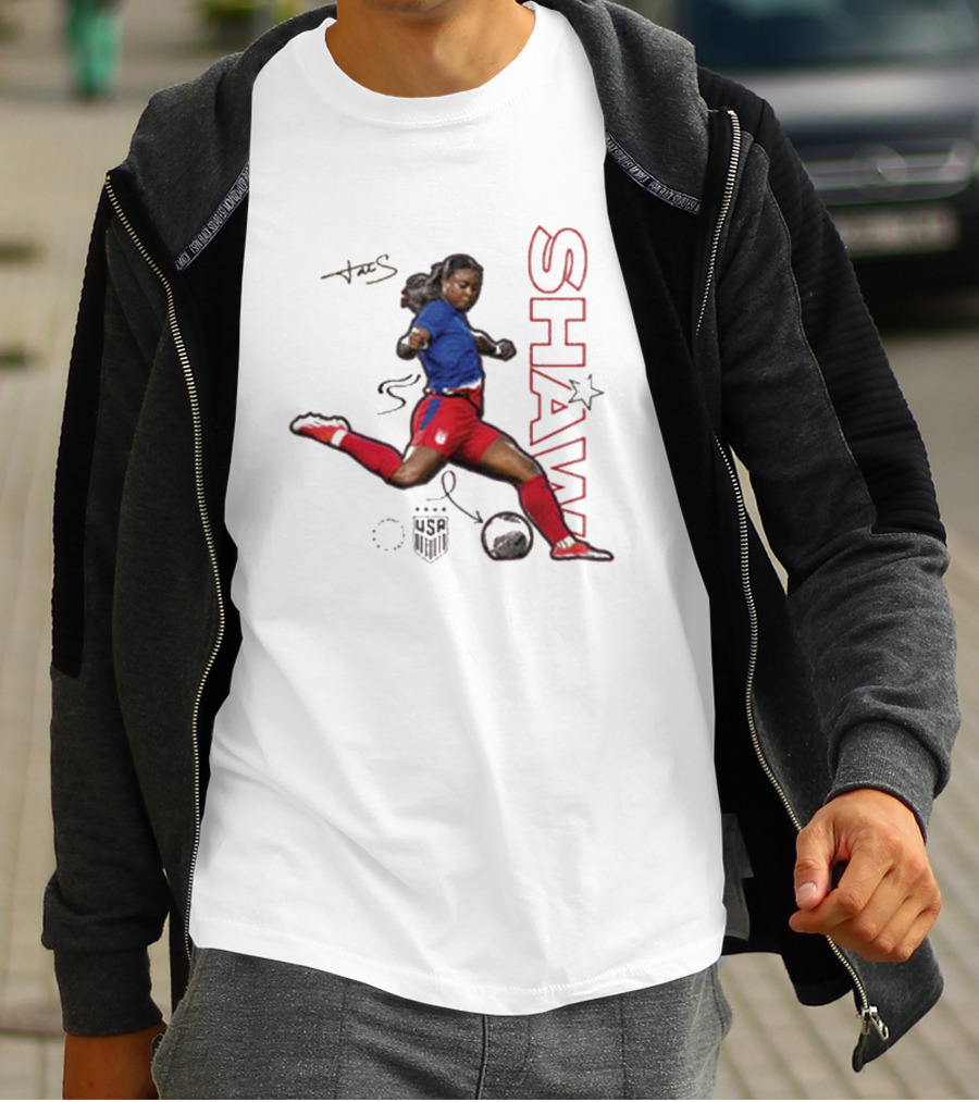 USWNT Jaedyn Shaw Signature Red And Blue Action Pose With Star T-Shirt