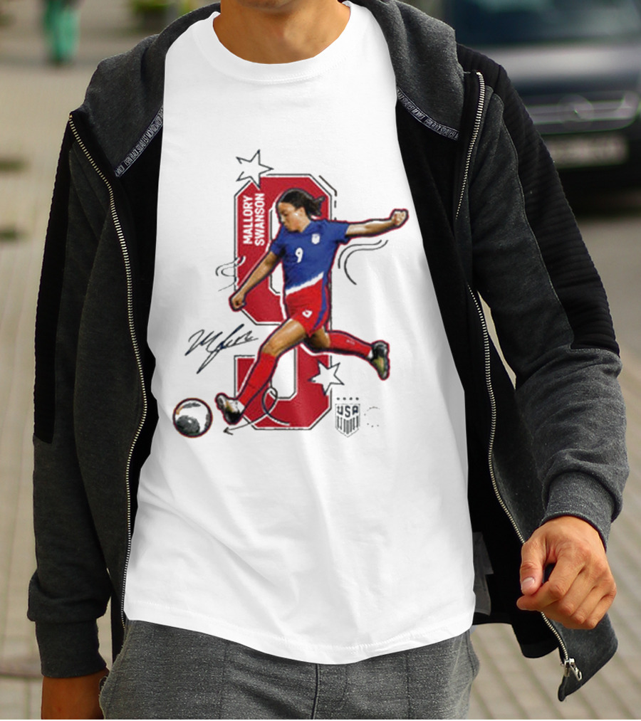 Mallory Swanson Number 9 USWNT Signature Red And Blue Player Action T-Shirt