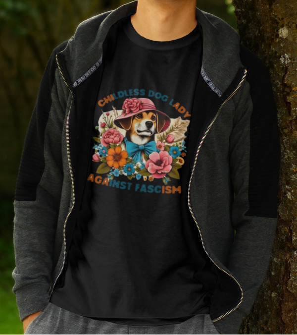 Childless Dog Lady Against Fascism With Floral Hat-Wearing Dog T-Shirt