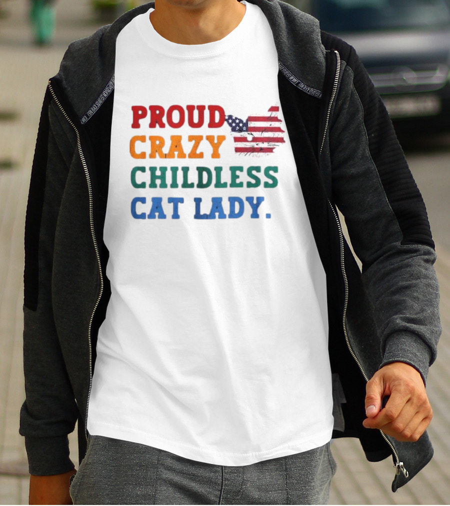Proud Crazy Childless Cat Lady American Flag Cat T-Shirt