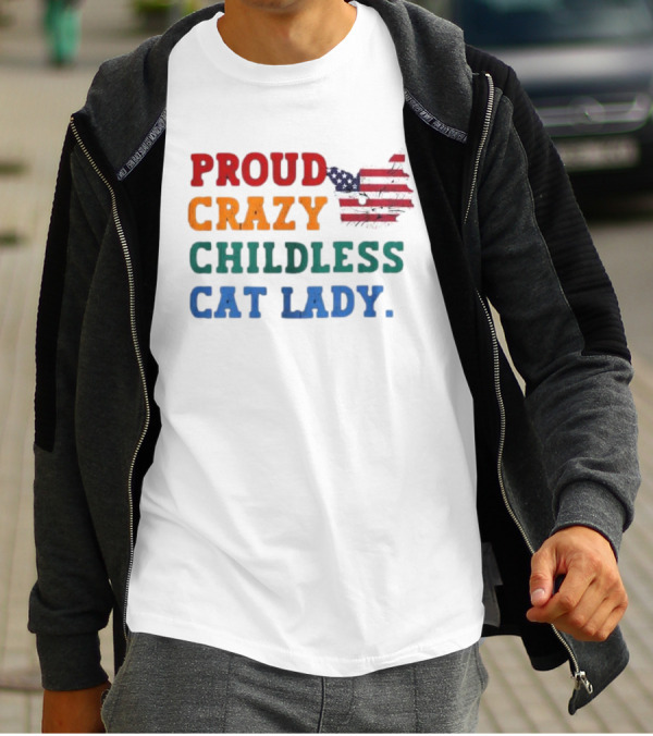 Proud Crazy Childless Cat Lady American Flag Cat T-Shirt