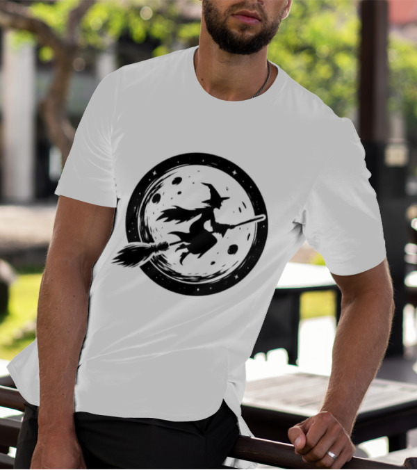 Spooky Halloween Witch Flying Across Full Moon Night T-Shirt