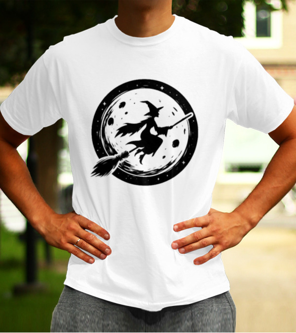 Spooky Halloween Witch Flying Across Full Moon Night T-Shirt