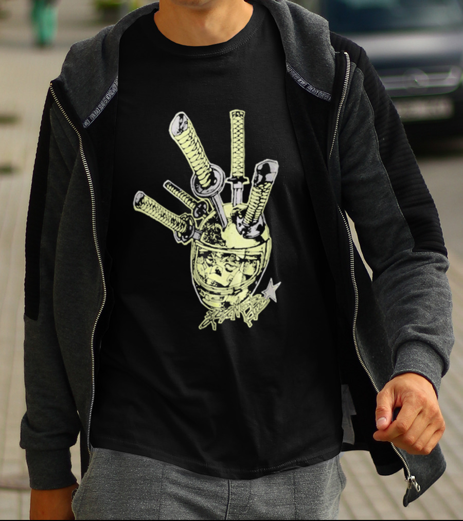 Oremob Katana Helmet Graphic With Star And Japanese Characters T-Shirt