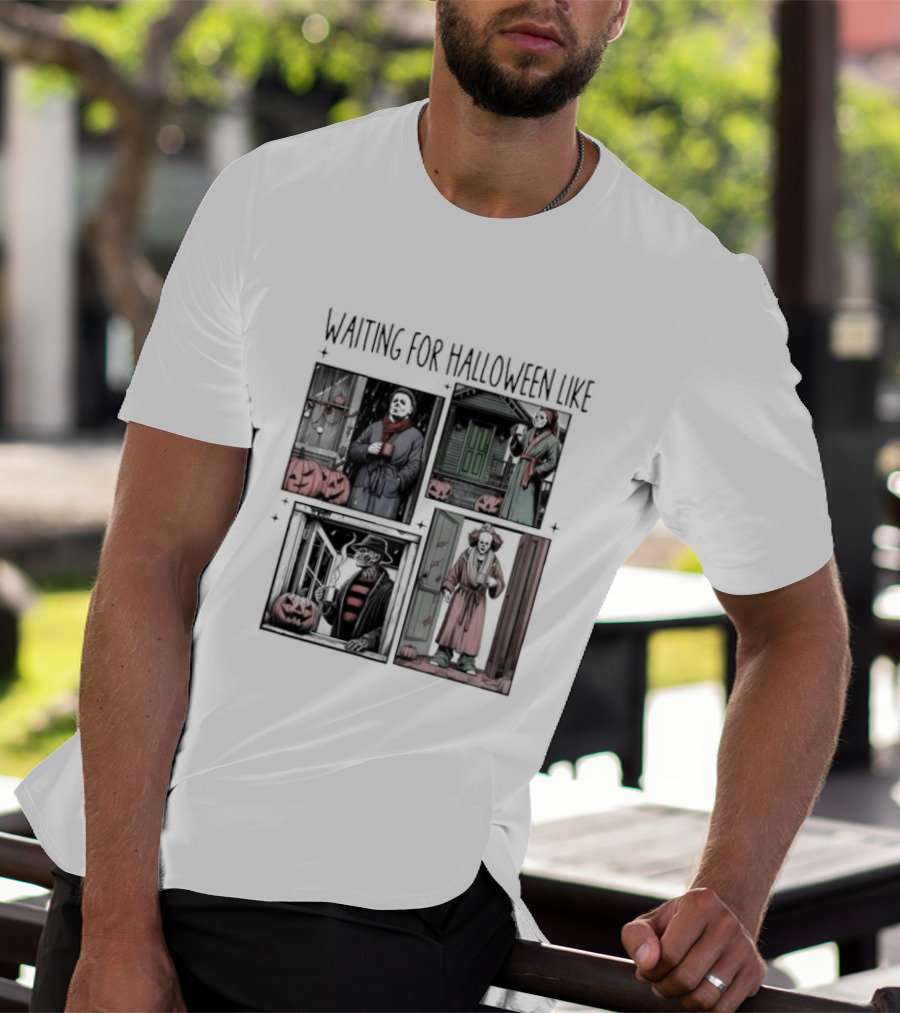 Waiting For Halloween Like Horror Movie Characters With Pumpkins And Costumes T-Shirt