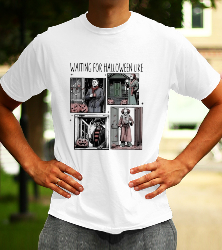 Waiting For Halloween Like Horror Movie Characters With Pumpkins And Costumes T-Shirt
