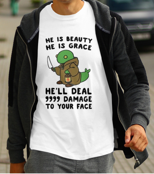 He Is Beauty He Is Grace He’ll Deal 9999 Damage To Your Face Lantern-Wielding Creature In Brown Robe With Knife T-Shirt