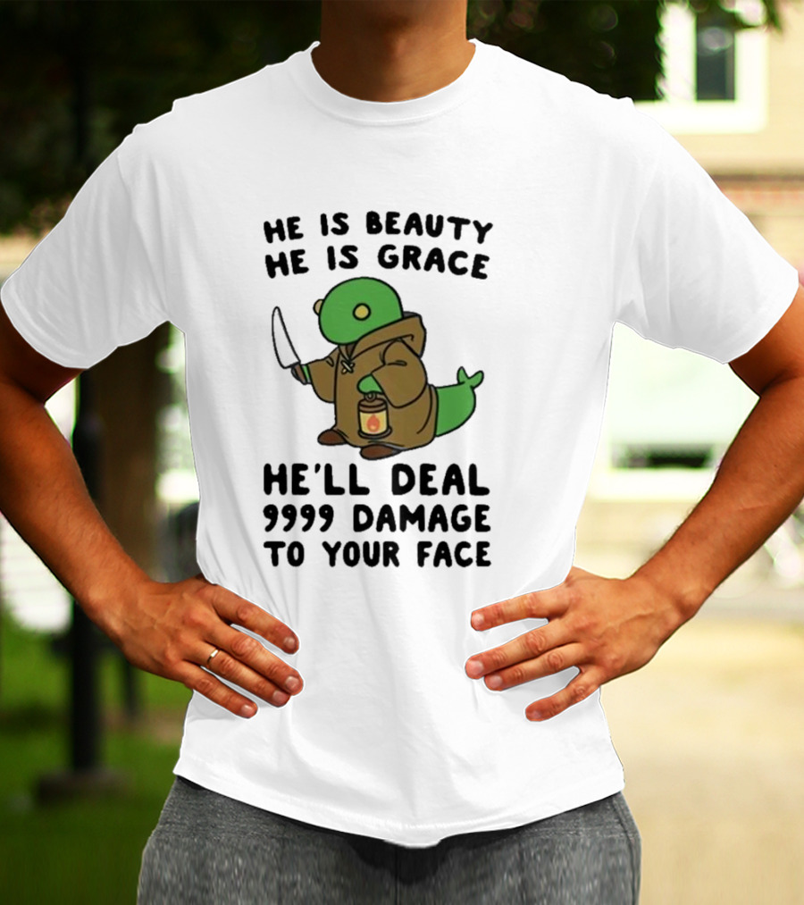 He Is Beauty He Is Grace He’ll Deal 9999 Damage To Your Face Lantern-Wielding Creature In Brown Robe With Knife T-Shirt