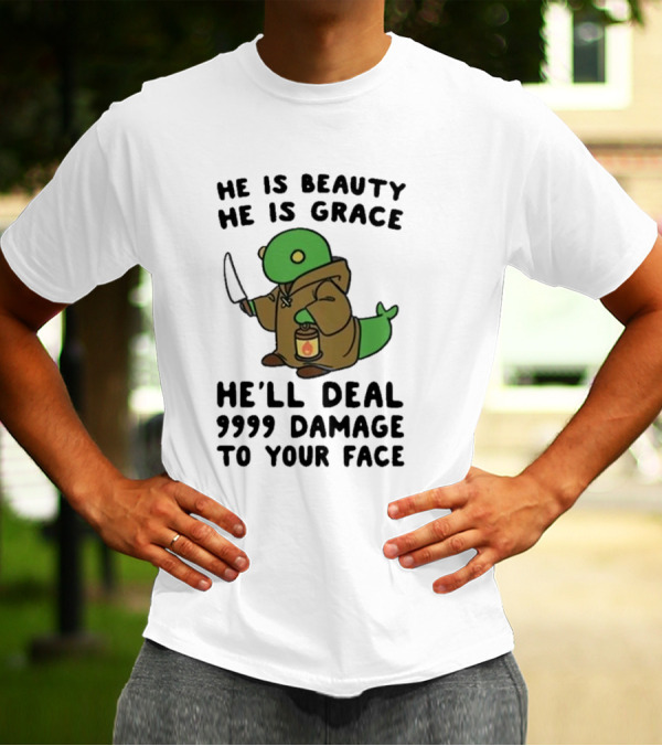 He Is Beauty He Is Grace He’ll Deal 9999 Damage To Your Face Lantern-Wielding Creature In Brown Robe With Knife T-Shirt