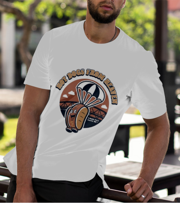 Hot Dogs From Heaven Parachuting Cartoon Bridge Scene T-Shirt