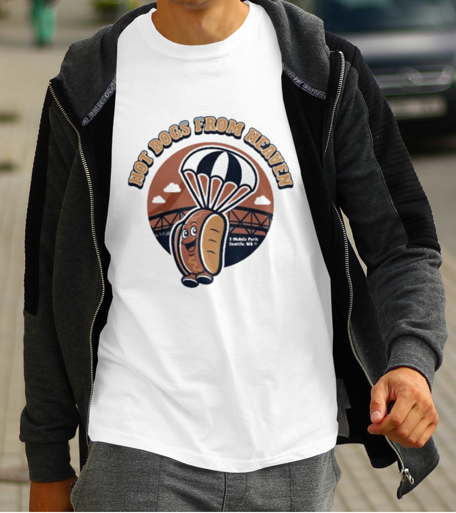 Hot Dogs From Heaven Parachuting Cartoon Bridge Scene T-Shirt