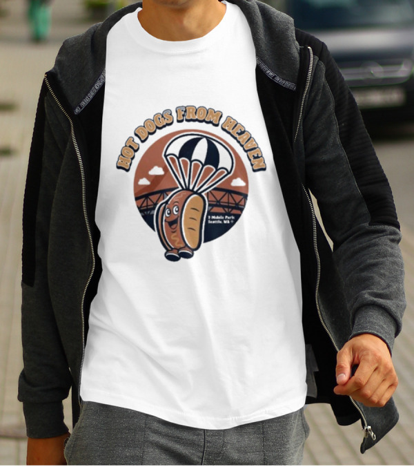 Hot Dogs From Heaven Parachuting Cartoon Bridge Scene T-Shirt