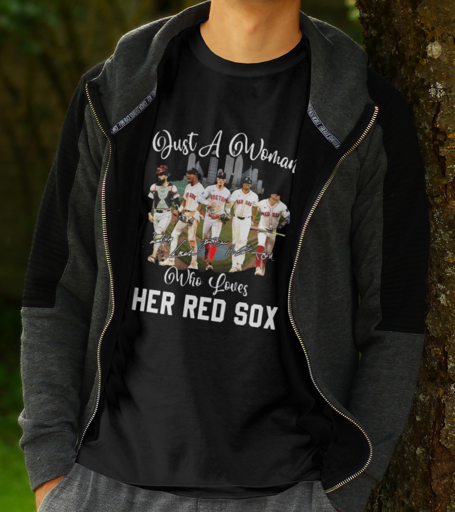 Just A Woman Who Loves Her Red Sox Team Signatures Boston City Skyline T-Shirt