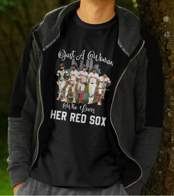 Just A Woman Who Loves Her Red Sox Team Signatures Boston City Skyline T-Shirt