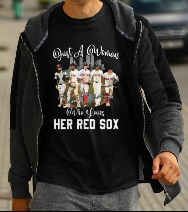 Just A Woman Who Loves Her Red Sox Team Signatures Boston City Skyline T-Shirt