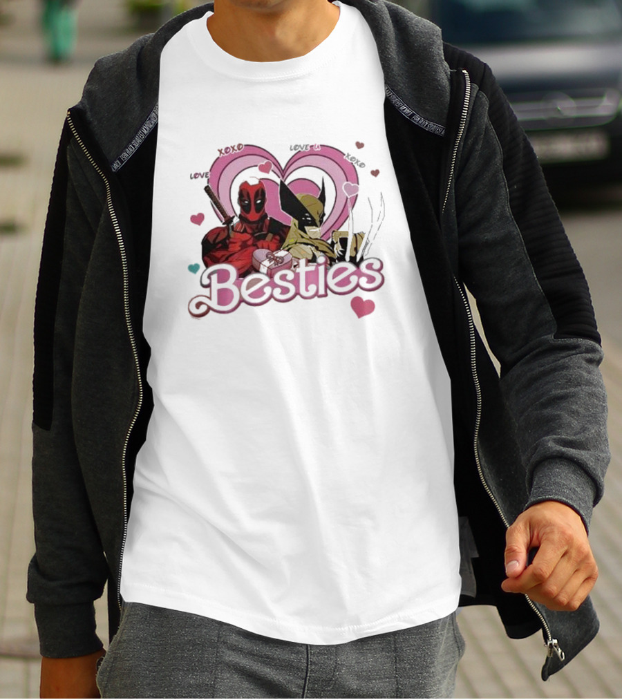 Deadpool Wolverine Love Hearts Besties Cute Friends T-Shirt