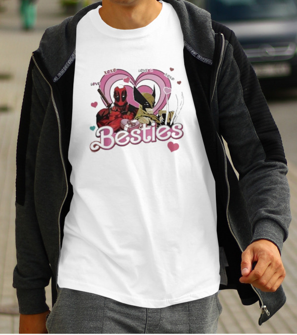 Deadpool Wolverine Love Hearts Besties Cute Friends T-Shirt