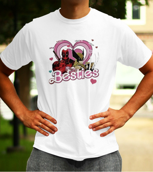 Deadpool Wolverine Love Hearts Besties Cute Friends T-Shirt
