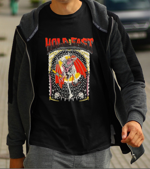 HOLD FAST Skeleton With Red Wings And Halo Rock Band T-Shirt