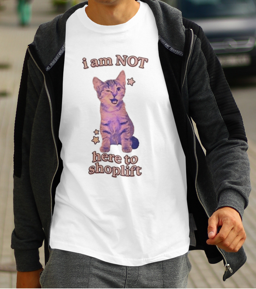 Gotfunny I Am Not Here To Shoplift Winking Cat With Stars T-Shirt
