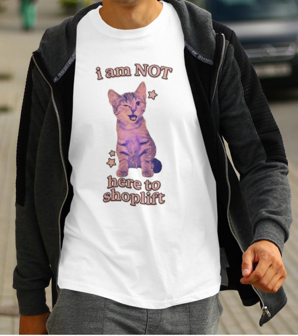 Gotfunny I Am Not Here To Shoplift Winking Cat With Stars T-Shirt