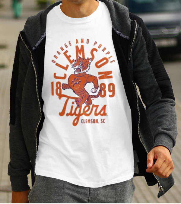 Clemson Tigers Orange And Purple Mascot Overlay 1889 Clemson SC T-Shirt