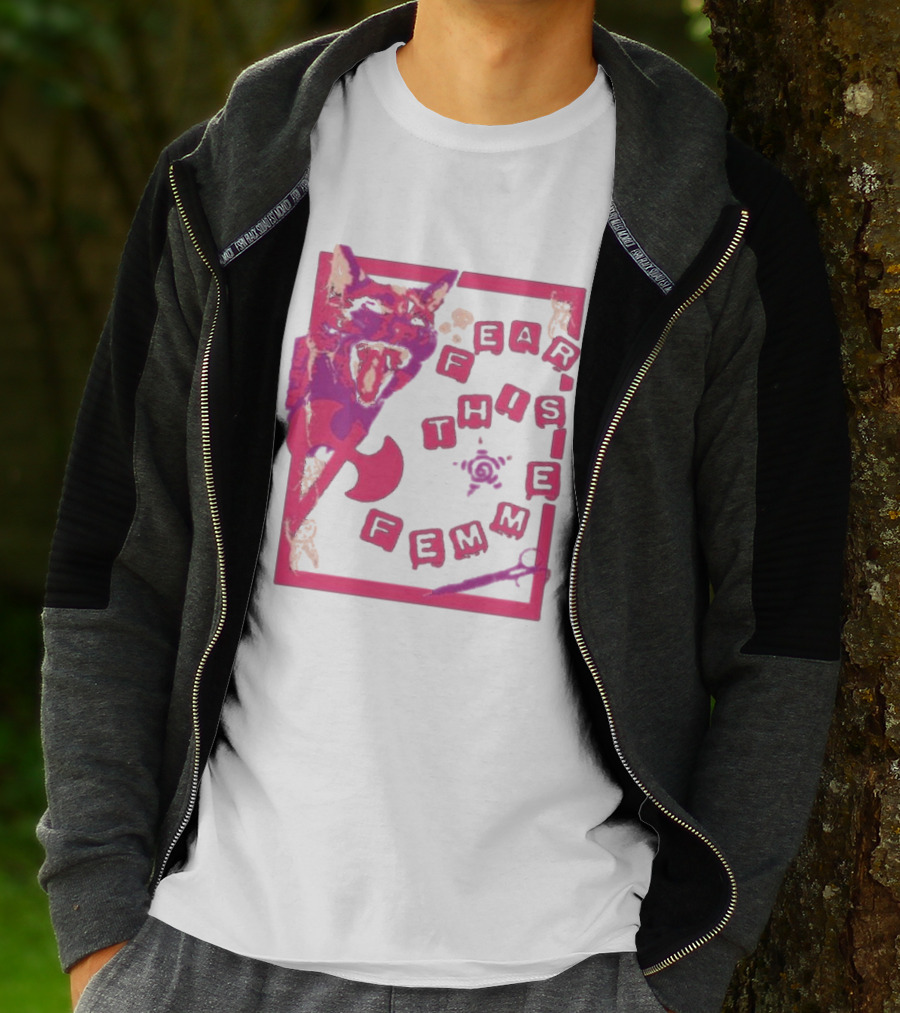 Fear This Femme Cat And Axe Retro Typography Pink Acid Wash T-Shirt