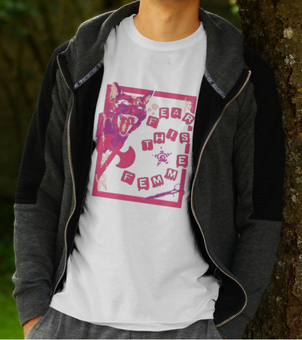 Fear This Femme Cat And Axe Retro Typography Pink Acid Wash T-Shirt