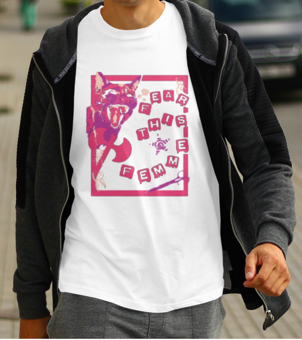 Fear This Femme Cat And Axe Retro Typography Pink Acid Wash T-Shirt