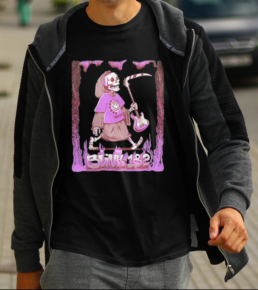 Blink-182 Grim Reaper Skeleton With Guitar Flame Border T-Shirt
